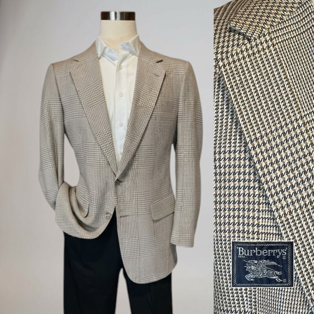 Vintage Burberry Mens 42R Beige Gray Glen Plaid Scottish Silk Wool Blazer